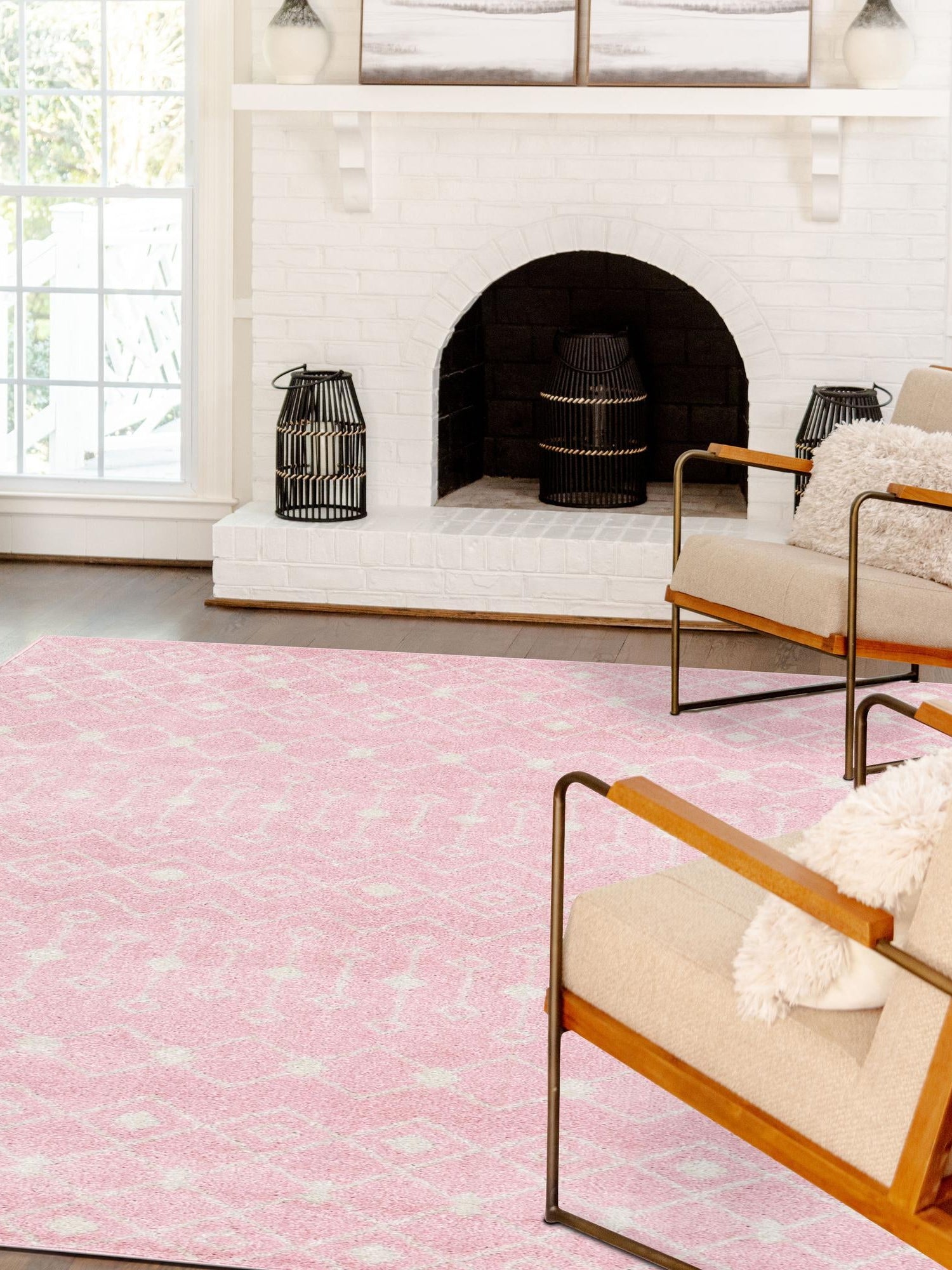 Pink 5' 3 x 8' Tribal Trellis Rectangle Area Rug Geometric Southwestern Inspired Durable Carpet for Home Interior Design for Sale at Rug Engine