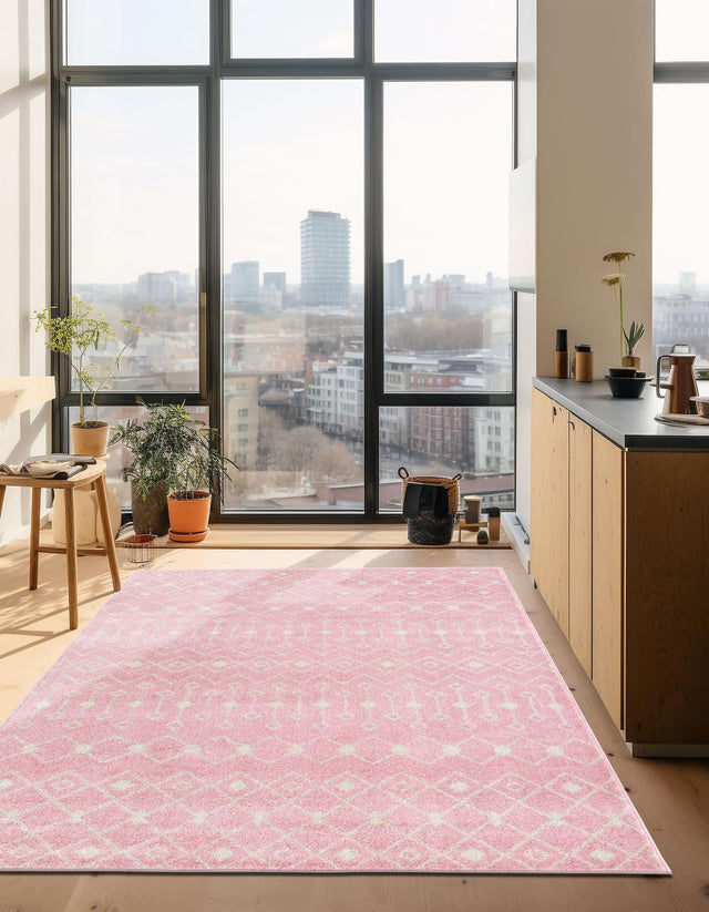 Pink 9' x 12' Tribal Trellis Rectangle Area Rug Geometric Southwestern Inspired Durable Carpet for Home Interior Design for Sale at Rug Engine