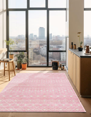 Pink 6' 1 x 9' Tribal Trellis Rectangle Area Rug Geometric Southwestern Inspired Durable Carpet for Home Interior Design for Sale at Rug Engine