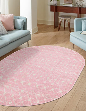Pink 7' 10 x 10' Tribal Trellis Oval Area Rug Geometric Southwestern Inspired Durable Carpet for Home Interior Design for Sale at Rug Engine