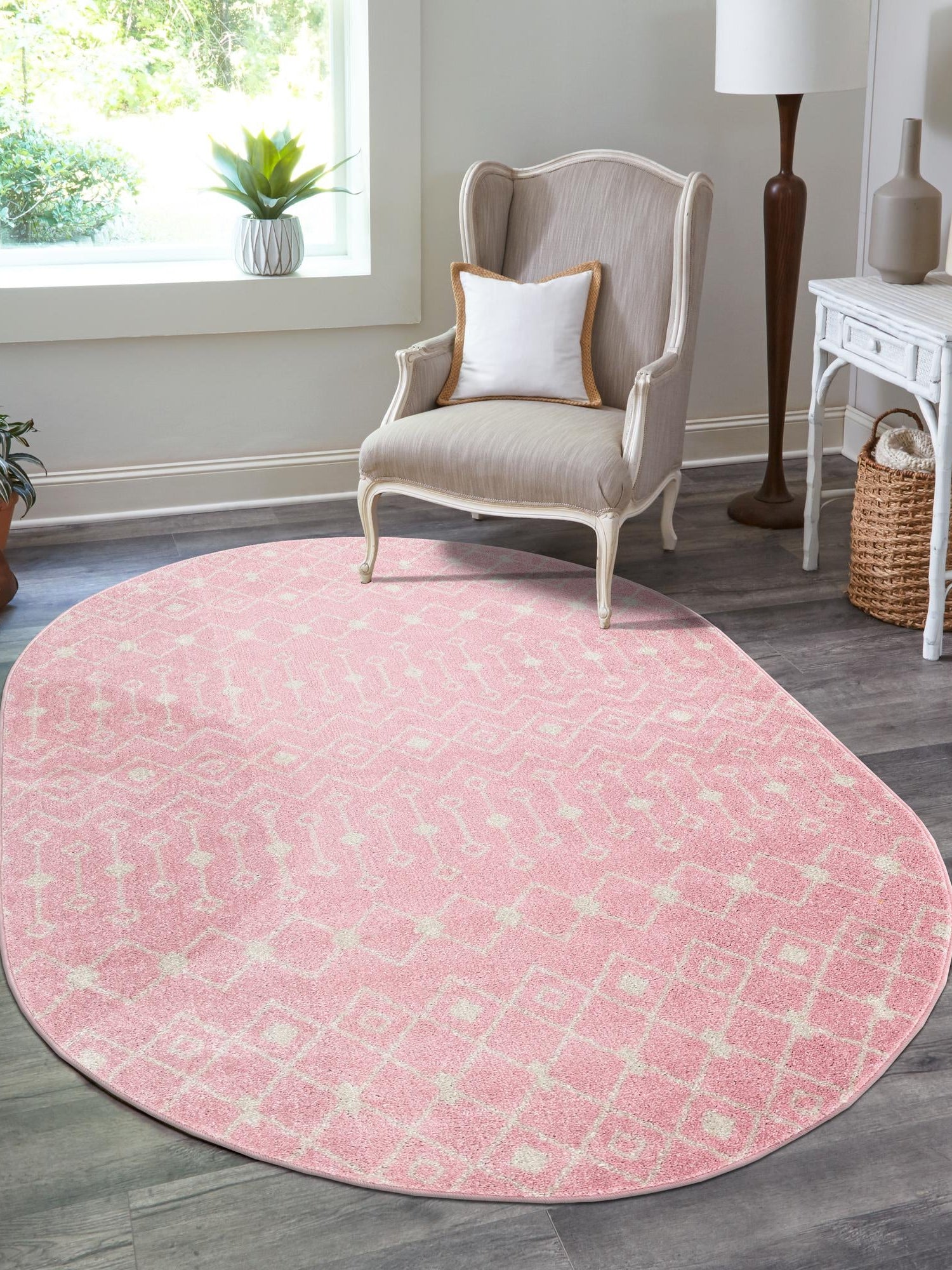 Pink 5' 3 x 8' Tribal Trellis Oval Area Rug Geometric Southwestern Inspired Durable Carpet for Home Interior Design for Sale at Rug Engine