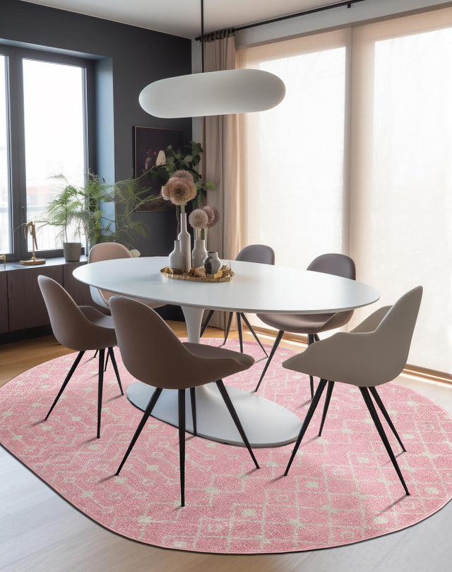 Pink 7' 10 x 10' Tribal Trellis Oval Area Rug Geometric Southwestern Inspired Durable Carpet for Home Interior Design for Sale at Rug Engine