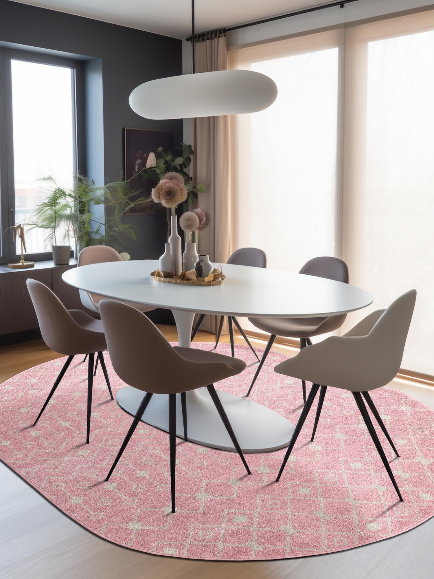 Pink 5' 3 x 8' Tribal Trellis Oval Area Rug Geometric Southwestern Inspired Durable Carpet for Home Interior Design for Sale at Rug Engine