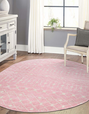 Pink 7' 10 x 10' Tribal Trellis Oval Area Rug Geometric Southwestern Inspired Durable Carpet for Home Interior Design for Sale at Rug Engine