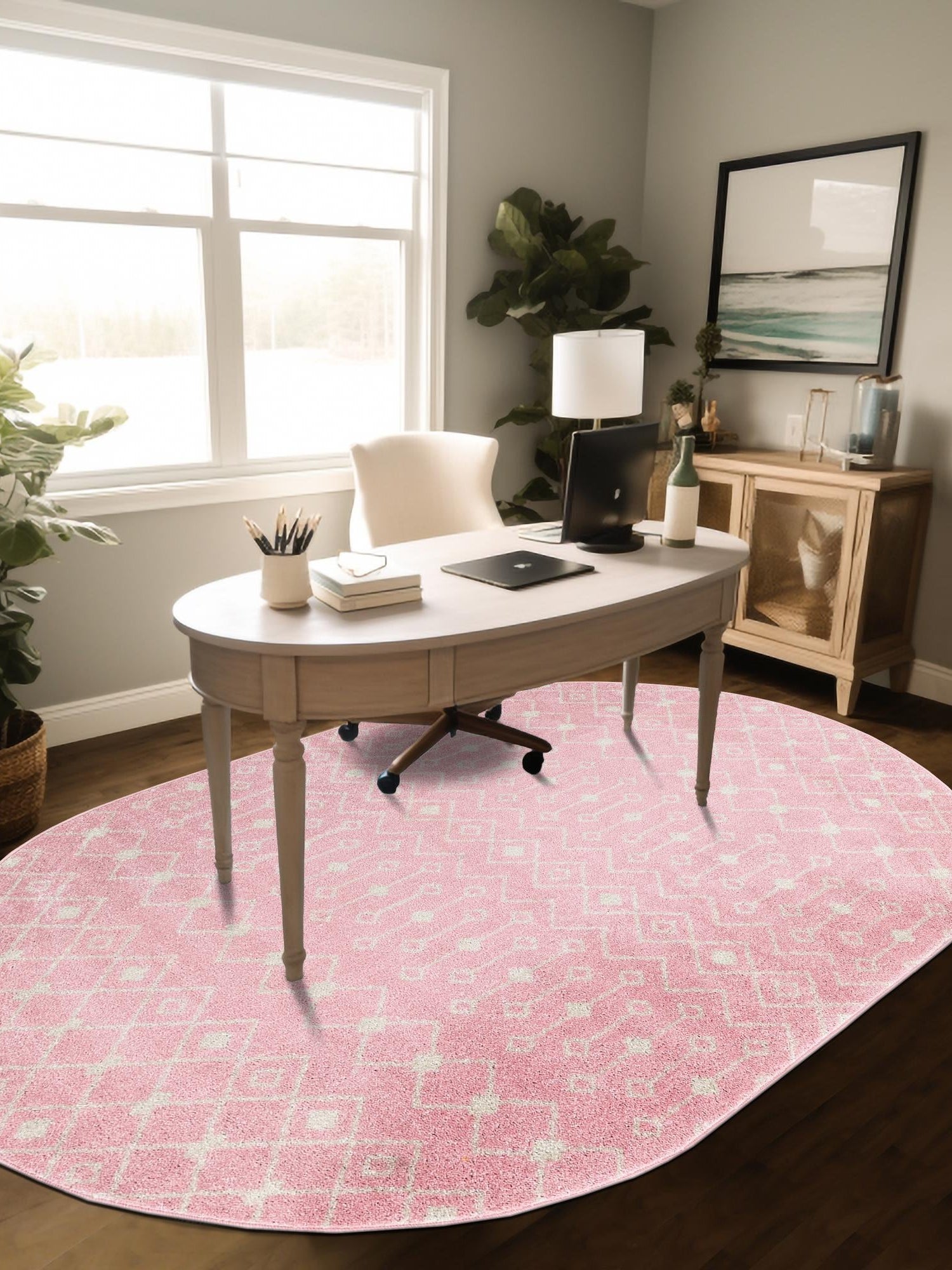 Pink 7' 10 x 10' Tribal Trellis Oval Area Rug Geometric Southwestern Inspired Durable Carpet for Home Interior Design for Sale at Rug Engine