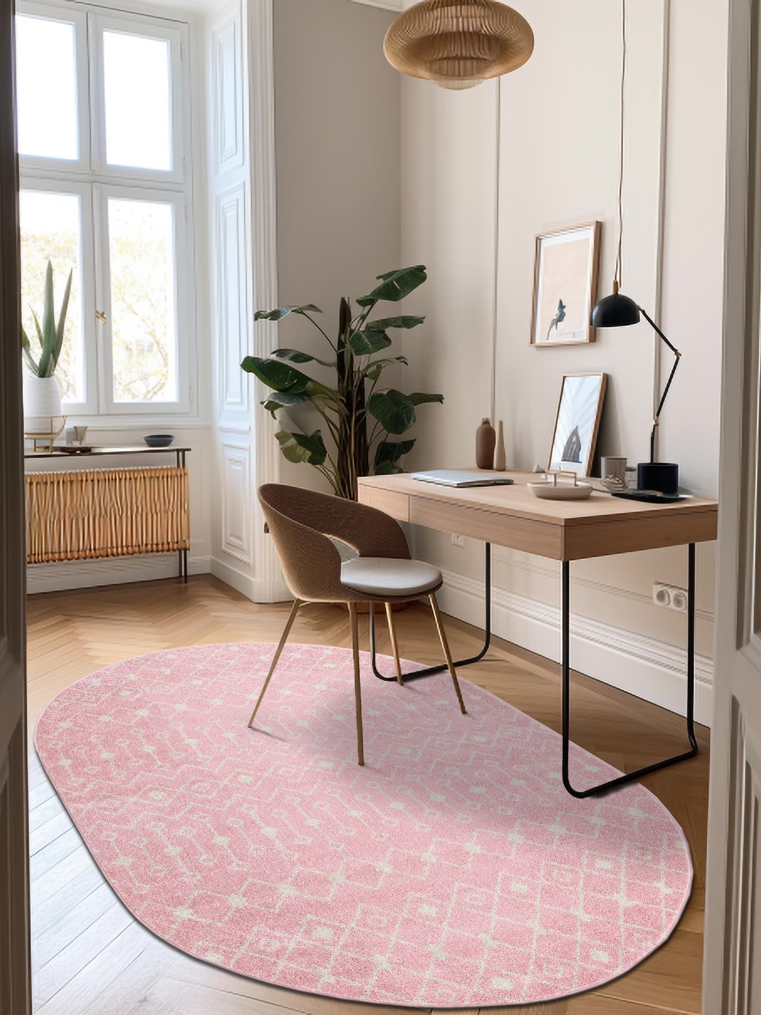Pink 5' 3 x 8' Tribal Trellis Oval Area Rug Geometric Southwestern Inspired Durable Carpet for Home Interior Design for Sale at Rug Engine