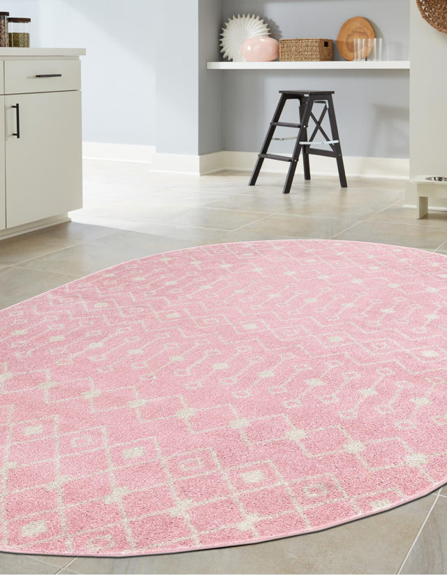 Pink 7' 10 x 10' Tribal Trellis Oval Area Rug Geometric Southwestern Inspired Durable Carpet for Home Interior Design for Sale at Rug Engine