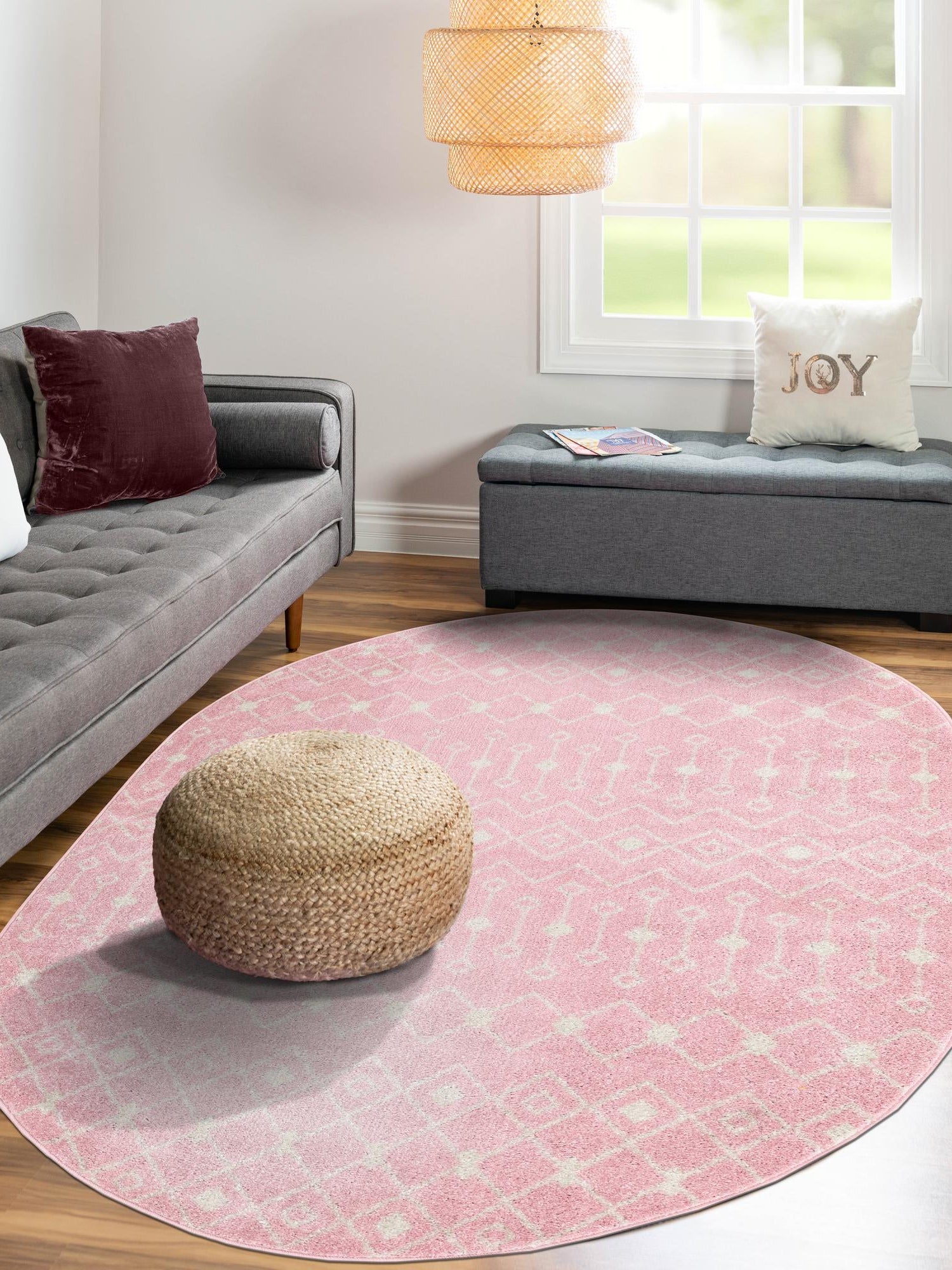 Pink 5' 3 x 8' Tribal Trellis Oval Area Rug Geometric Southwestern Inspired Durable Carpet for Home Interior Design for Sale at Rug Engine