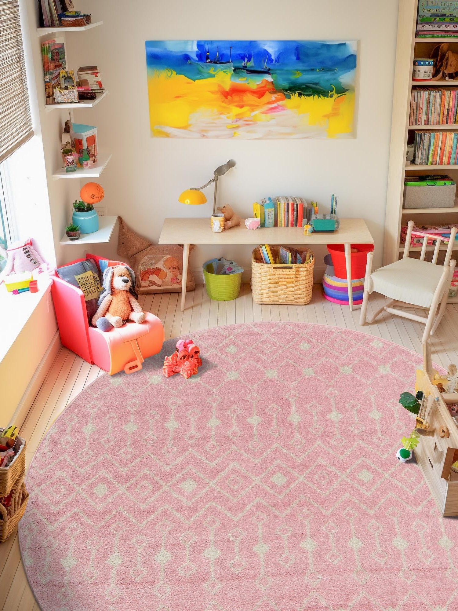 Pink 5' 3 x 5' 3 Tribal Trellis Round Area Rug Geometric Southwestern Inspired Durable Carpet for Home Interior Design for Sale at Rug Engine