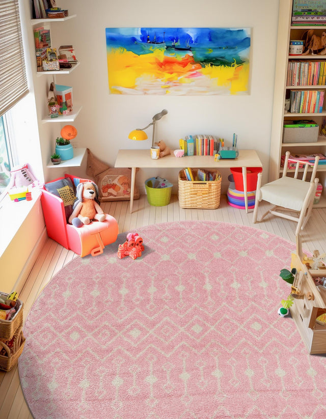 Pink 5' 3 x 5' 3 Tribal Trellis Round Area Rug Geometric Southwestern Inspired Durable Carpet for Home Interior Design for Sale at Rug Engine