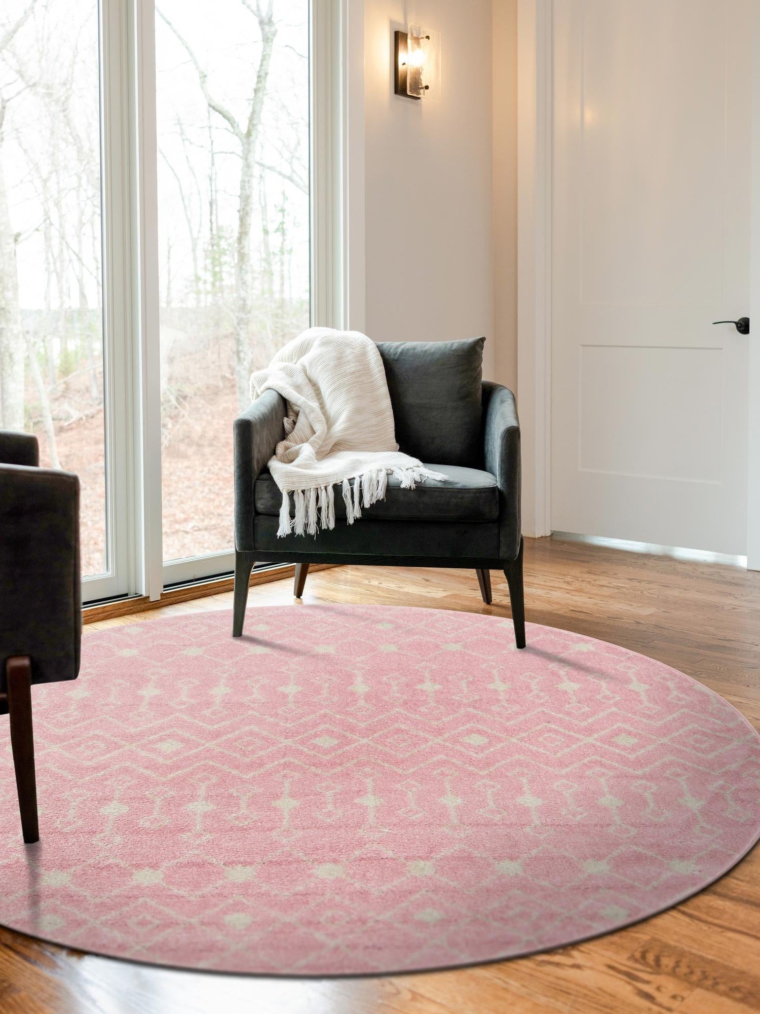 Pink 7' 10 x 7' 10 Tribal Trellis Round Area Rug Geometric Southwestern Inspired Durable Carpet for Home Interior Design for Sale at Rug Engine
