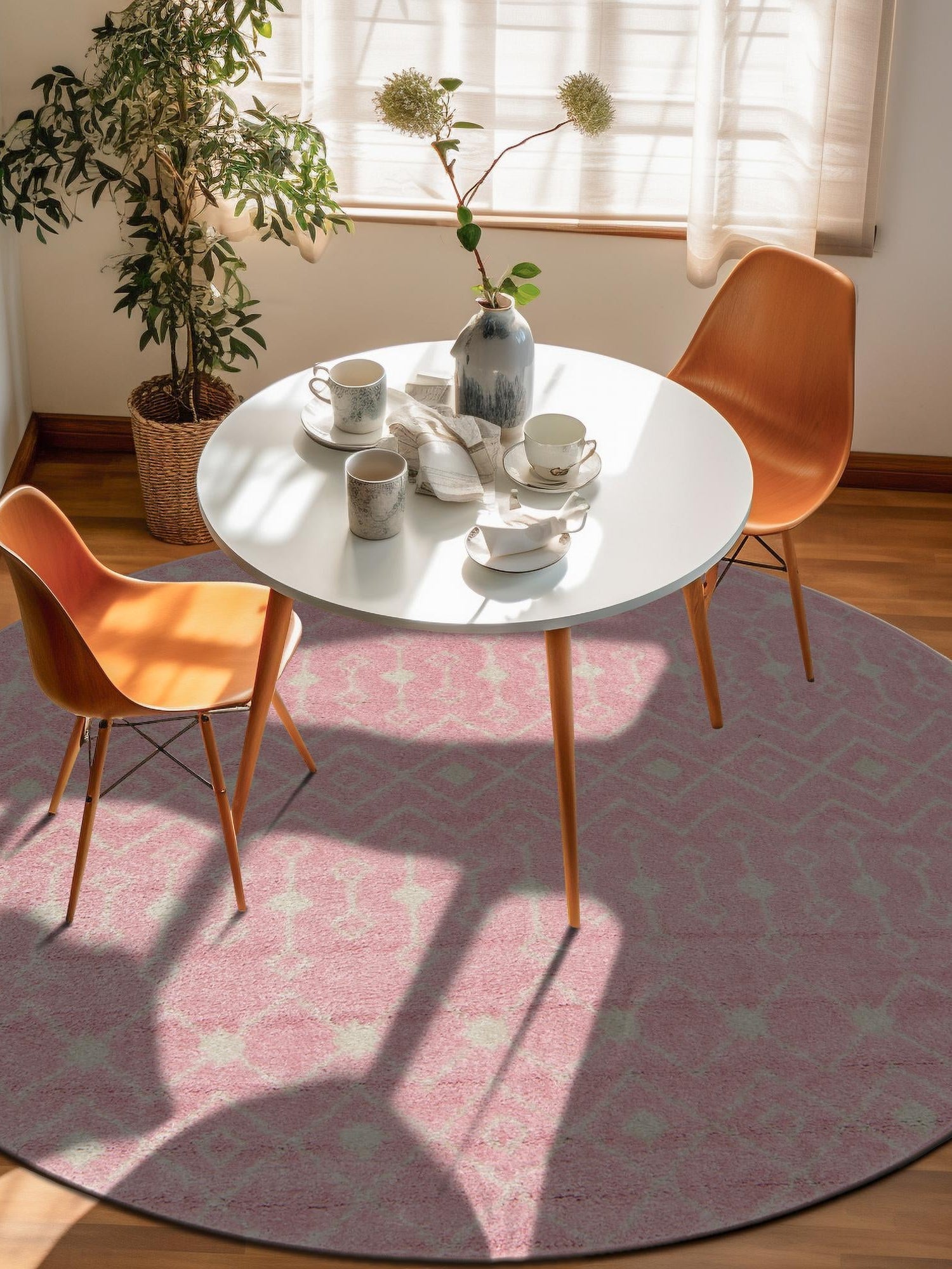 Pink 5' 3 x 5' 3 Tribal Trellis Round Area Rug Geometric Southwestern Inspired Durable Carpet for Home Interior Design for Sale at Rug Engine