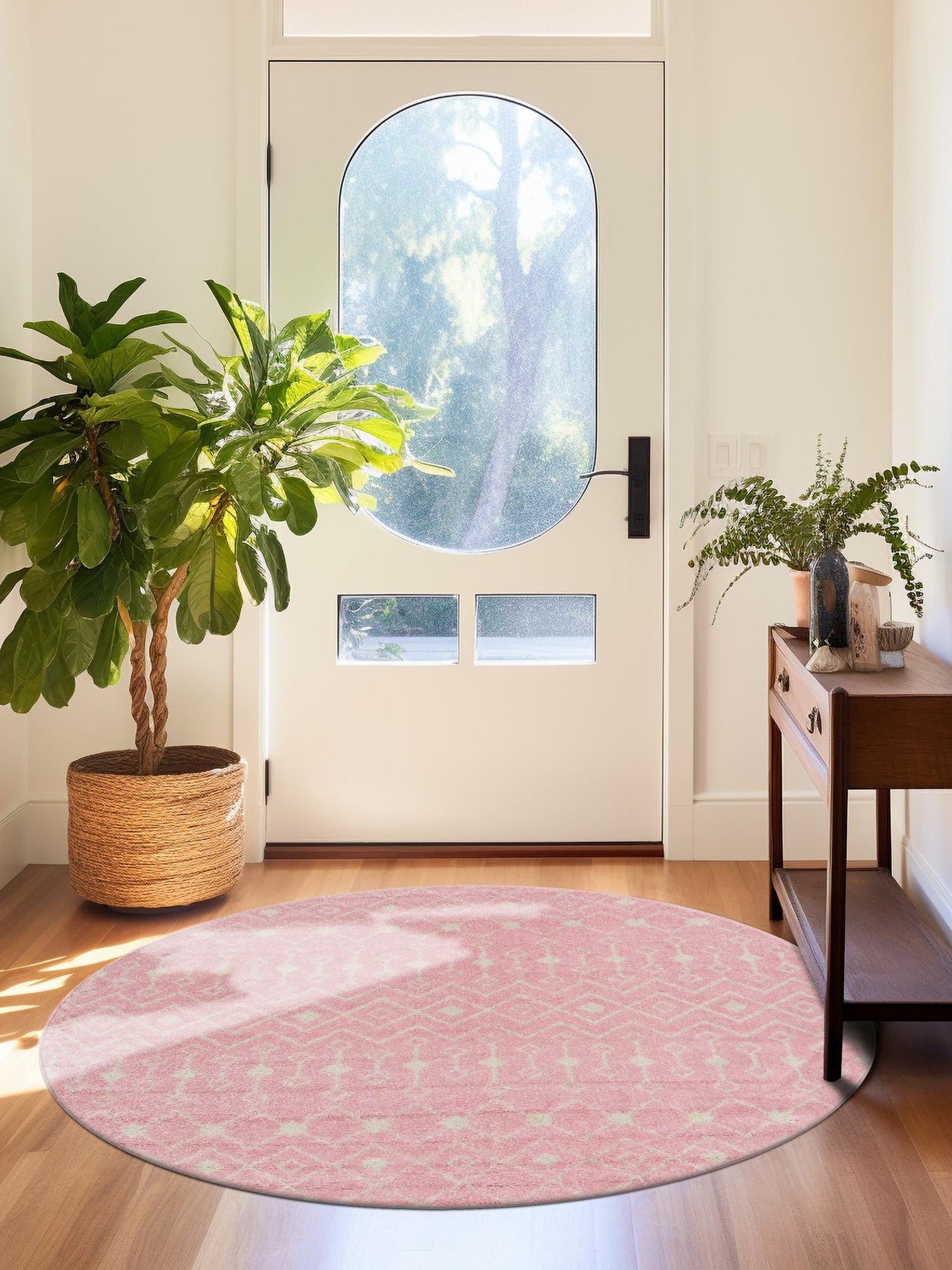 Pink 10' x 10' Tribal Trellis Round Area Rug Geometric Southwestern Inspired Durable Carpet for Home Interior Design for Sale at Rug Engine