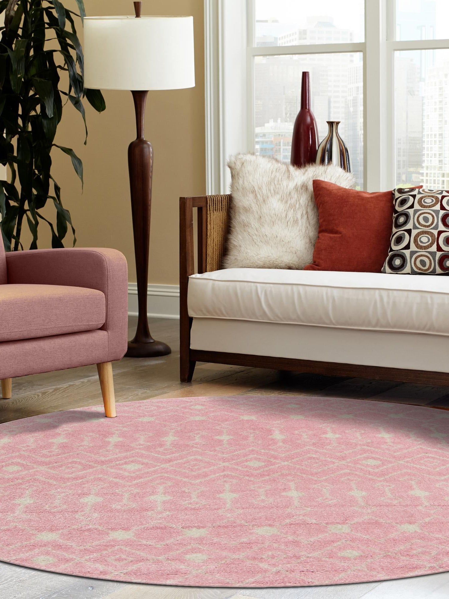 Pink 3' 1 x 3' 1 Tribal Trellis Round Area Rug Geometric Southwestern Inspired Durable Carpet for Home Interior Design for Sale at Rug Engine