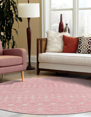 Pink 5' 3 x 5' 3 Tribal Trellis Round Area Rug Geometric Southwestern Inspired Durable Carpet for Home Interior Design for Sale at Rug Engine