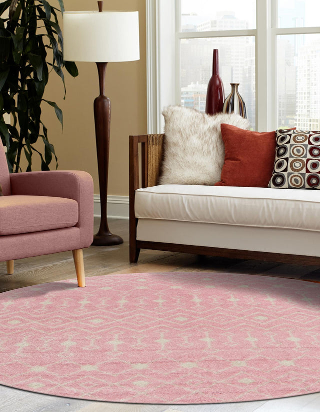 Pink 5' 3 x 5' 3 Tribal Trellis Round Area Rug Geometric Southwestern Inspired Durable Carpet for Home Interior Design for Sale at Rug Engine