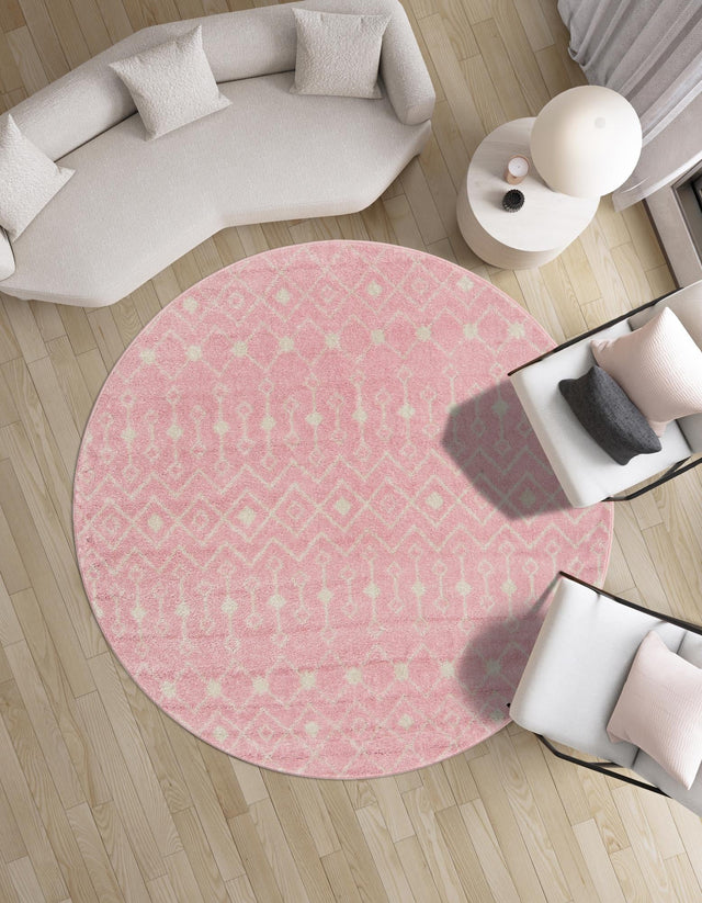 Pink 5' 3 x 5' 3 Tribal Trellis Round Area Rug Geometric Southwestern Inspired Durable Carpet for Home Interior Design for Sale at Rug Engine