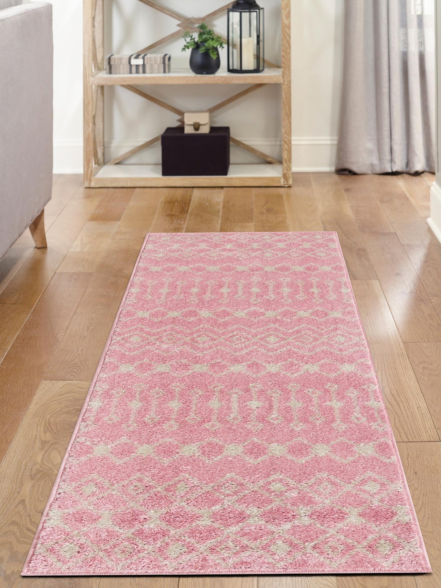 Pink 2' 7 x 10' Tribal Trellis Runner Area Rug Geometric Southwestern Inspired Durable Carpet for Home Interior Design for Sale at Rug Engine