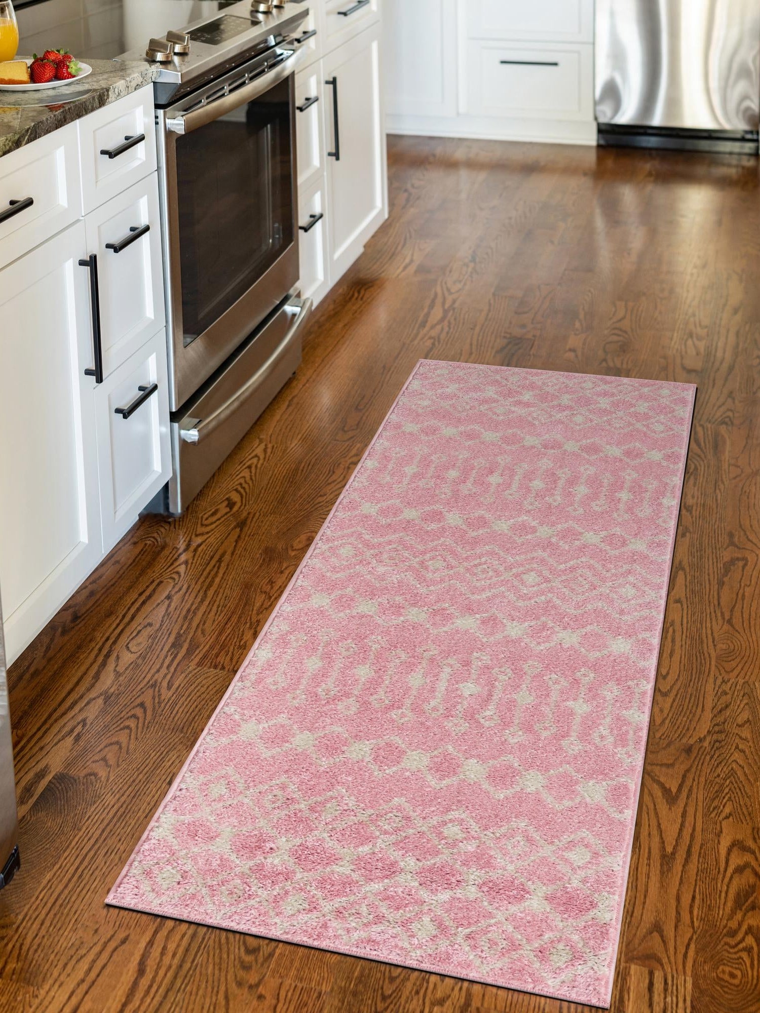 Pink 2' 7 x 12' Tribal Trellis Runner Area Rug Geometric Southwestern Inspired Durable Carpet for Home Interior Design for Sale at Rug Engine
