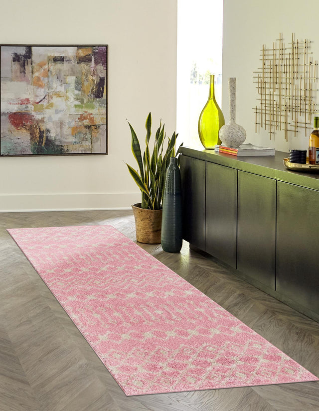 Pink 2' 7 x 12' Tribal Trellis Runner Area Rug Geometric Southwestern Inspired Durable Carpet for Home Interior Design for Sale at Rug Engine