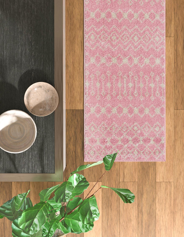 Pink 2' 7 x 12' Tribal Trellis Runner Area Rug Geometric Southwestern Inspired Durable Carpet for Home Interior Design for Sale at Rug Engine
