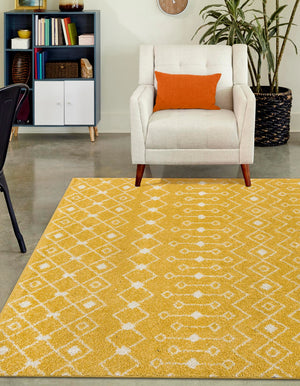 Yellow 7' 10 x 10' Tribal Trellis Rectangle Area Rug Geometric Southwestern Inspired Durable Carpet for Home Interior Design for Sale at Rug Engine
