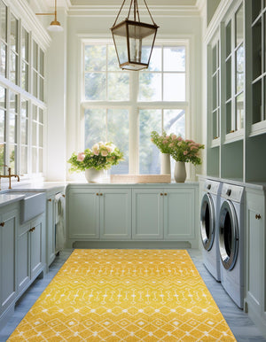 Yellow 7' 10 x 10' Tribal Trellis Rectangle Area Rug Geometric Southwestern Inspired Durable Carpet for Home Interior Design for Sale at Rug Engine