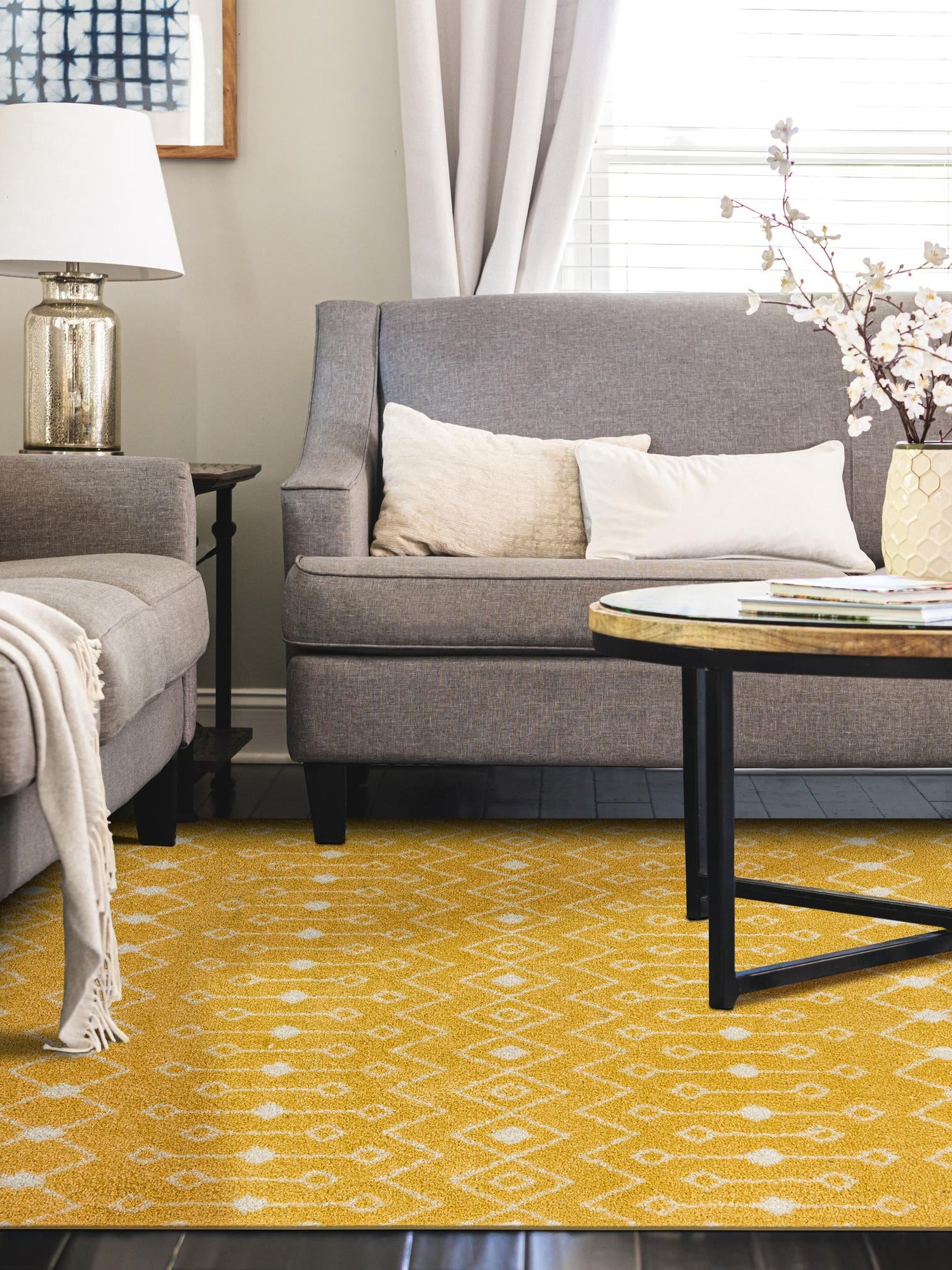 Yellow 5' 3 x 8' Tribal Trellis Rectangle Area Rug Geometric Southwestern Inspired Durable Carpet for Home Interior Design for Sale at Rug Engine