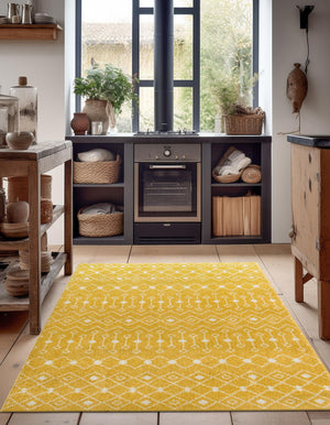 Yellow 7' 10 x 10' Tribal Trellis Rectangle Area Rug Geometric Southwestern Inspired Durable Carpet for Home Interior Design for Sale at Rug Engine