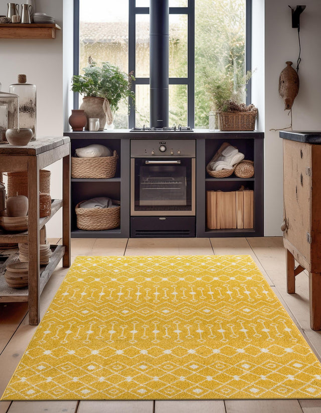 Yellow 7' 10 x 10' Tribal Trellis Rectangle Area Rug Geometric Southwestern Inspired Durable Carpet for Home Interior Design for Sale at Rug Engine