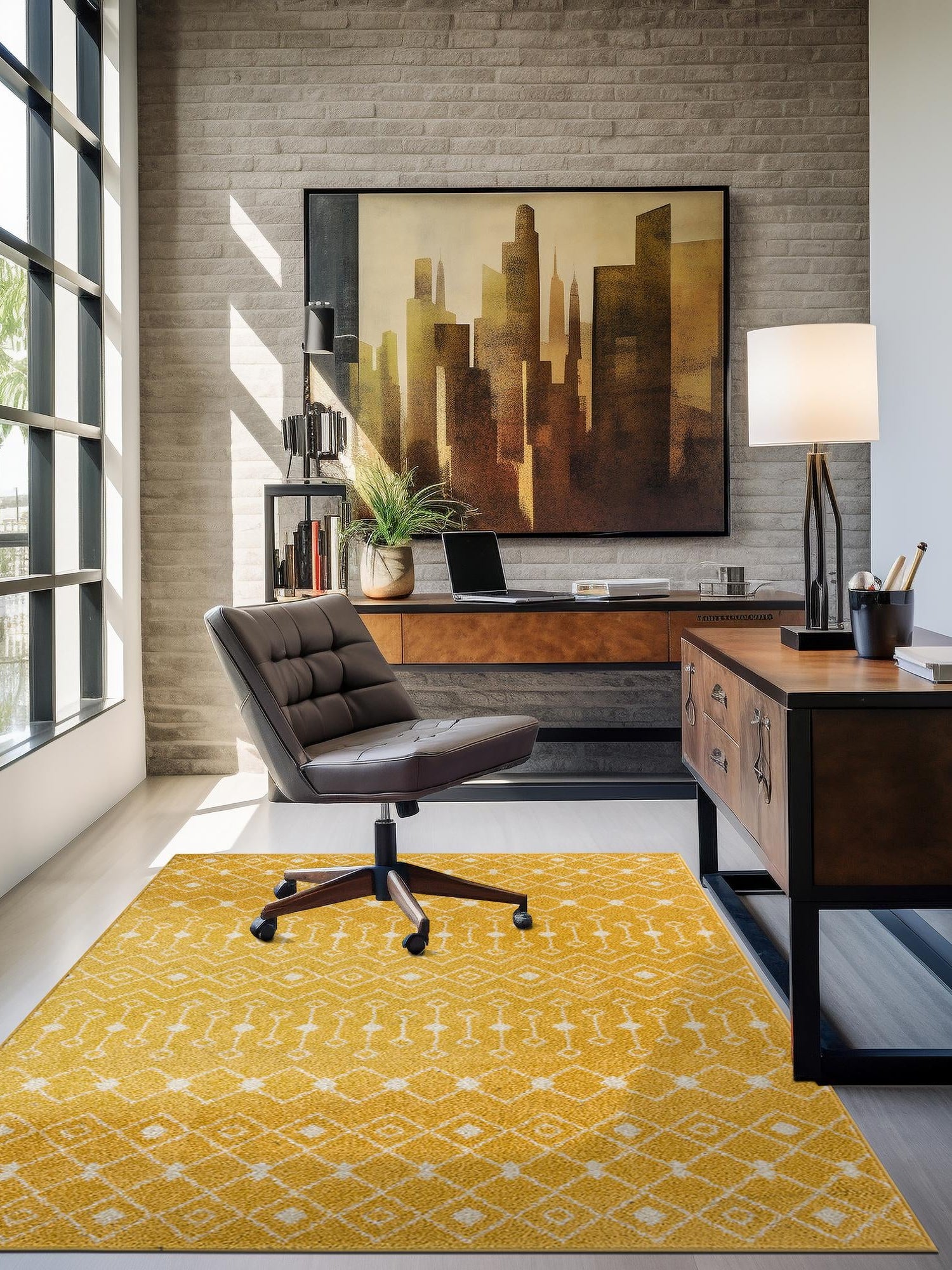 Yellow 5' 3 x 8' Tribal Trellis Rectangle Area Rug Geometric Southwestern Inspired Durable Carpet for Home Interior Design for Sale at Rug Engine
