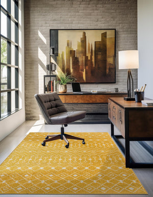 Yellow 7' 10 x 10' Tribal Trellis Rectangle Area Rug Geometric Southwestern Inspired Durable Carpet for Home Interior Design for Sale at Rug Engine