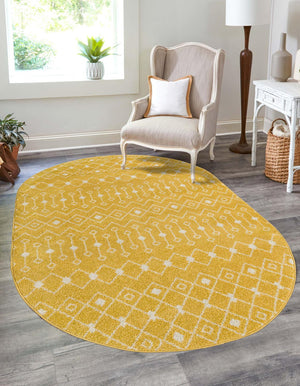 Yellow 7' 10 x 10' Tribal Trellis Oval Area Rug Geometric Southwestern Inspired Durable Carpet for Home Interior Design for Sale at Rug Engine