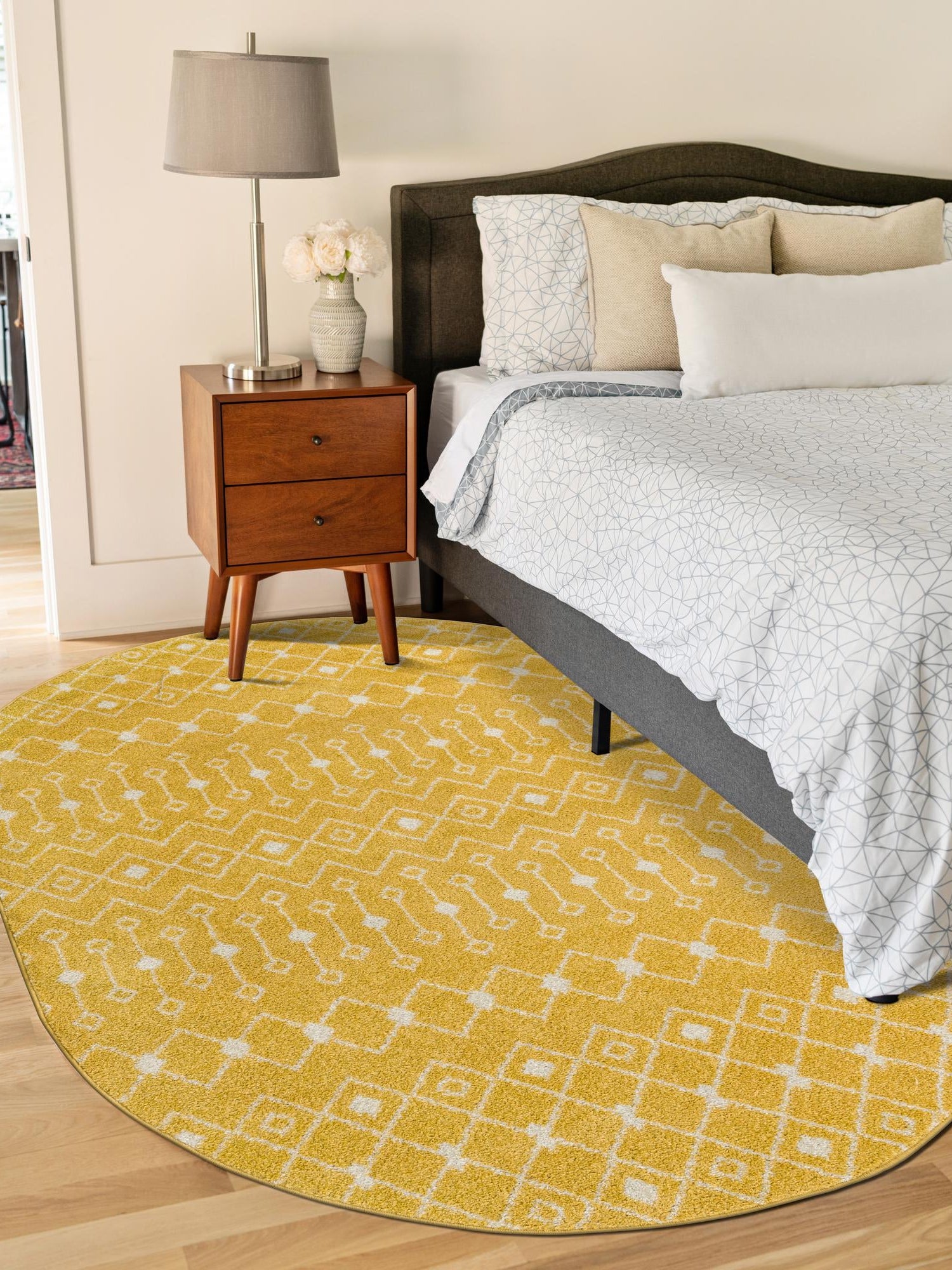 Yellow 7' 10 x 10' Tribal Trellis Oval Area Rug Geometric Southwestern Inspired Durable Carpet for Home Interior Design for Sale at Rug Engine