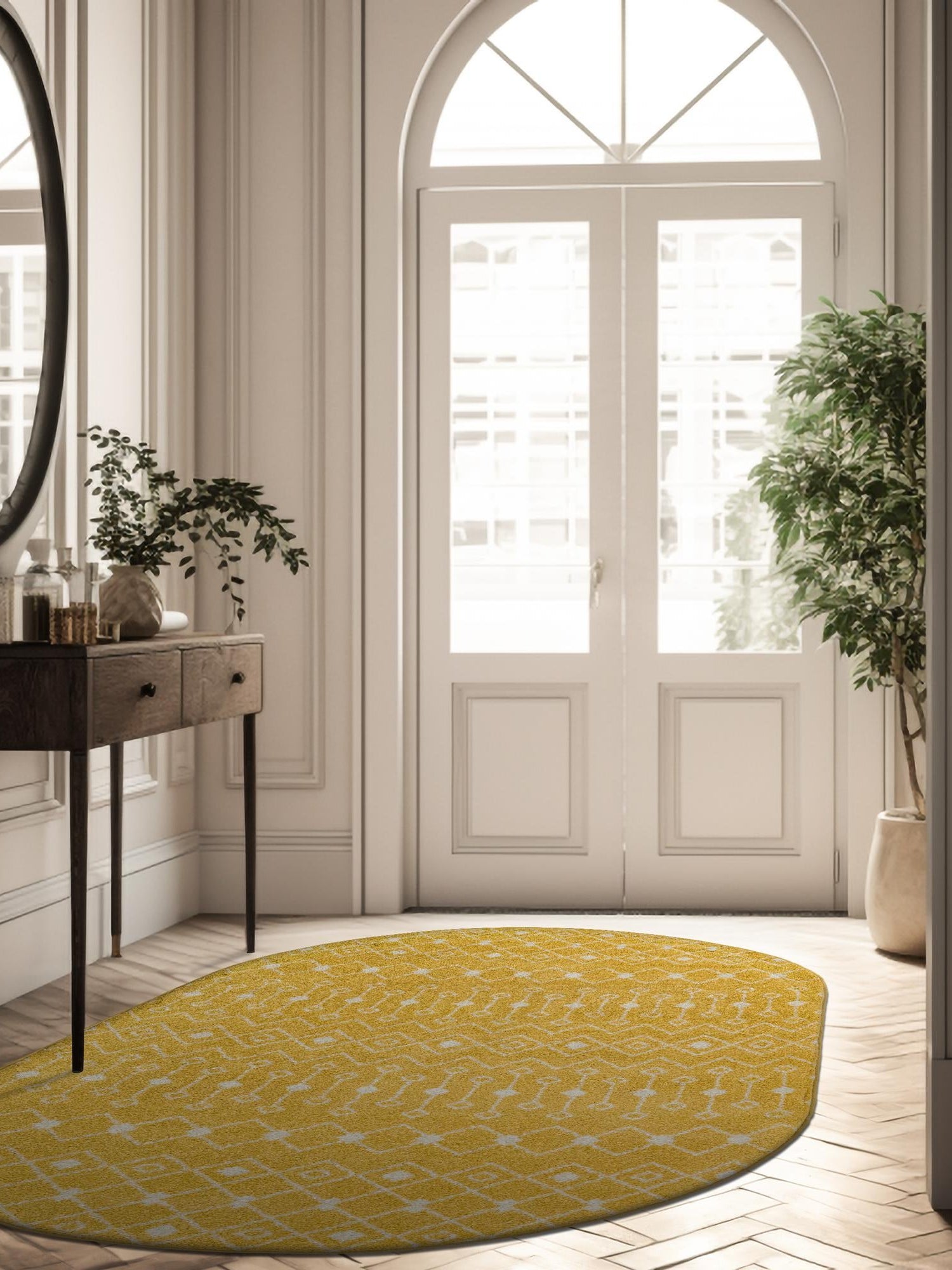 Yellow 7' 10 x 10' Tribal Trellis Oval Area Rug Geometric Southwestern Inspired Durable Carpet for Home Interior Design for Sale at Rug Engine