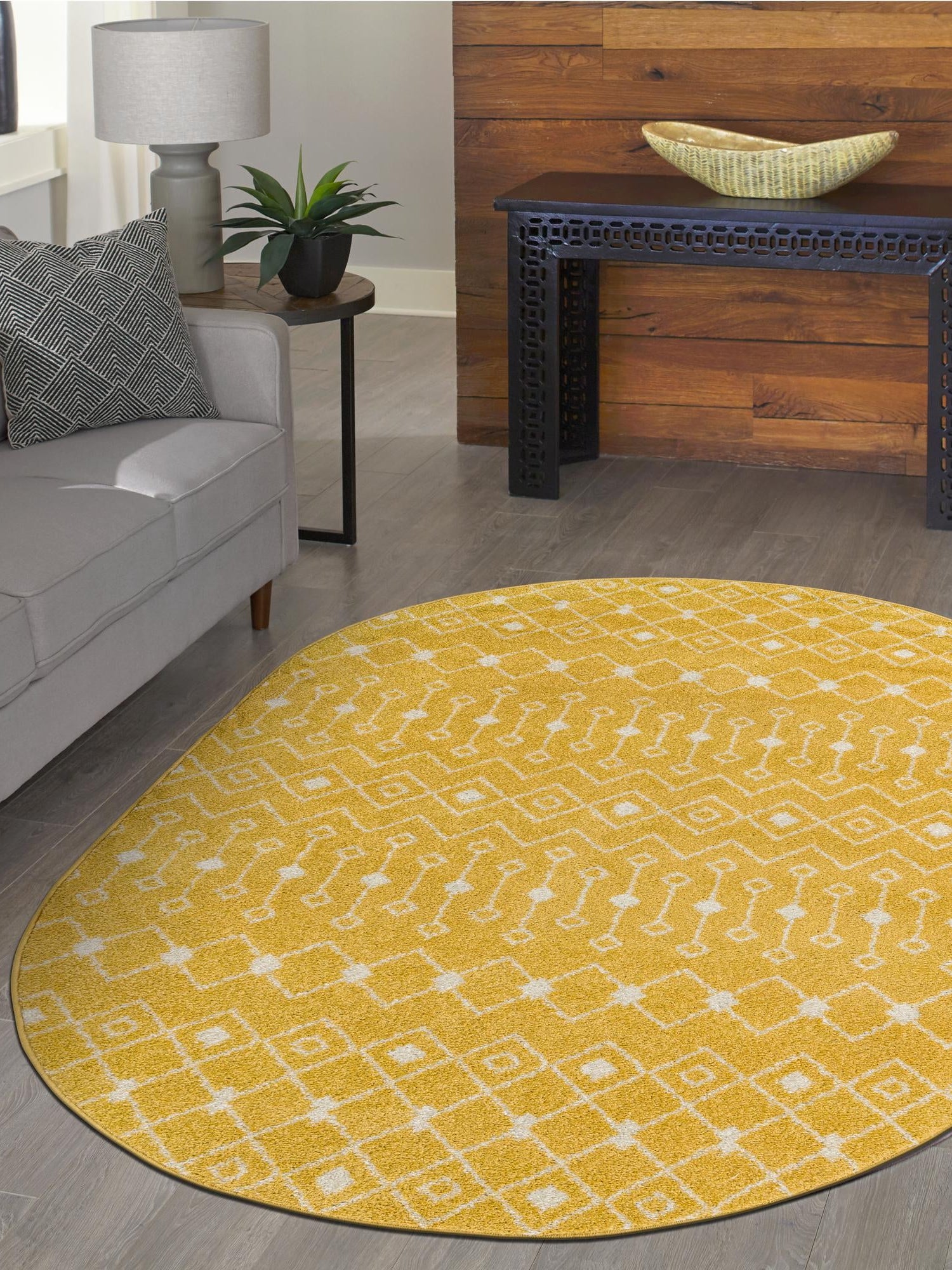 Yellow 7' 10 x 10' Tribal Trellis Oval Area Rug Geometric Southwestern Inspired Durable Carpet for Home Interior Design for Sale at Rug Engine