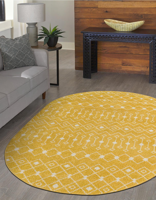 Yellow 7' 10 x 10' Tribal Trellis Oval Area Rug Geometric Southwestern Inspired Durable Carpet for Home Interior Design for Sale at Rug Engine