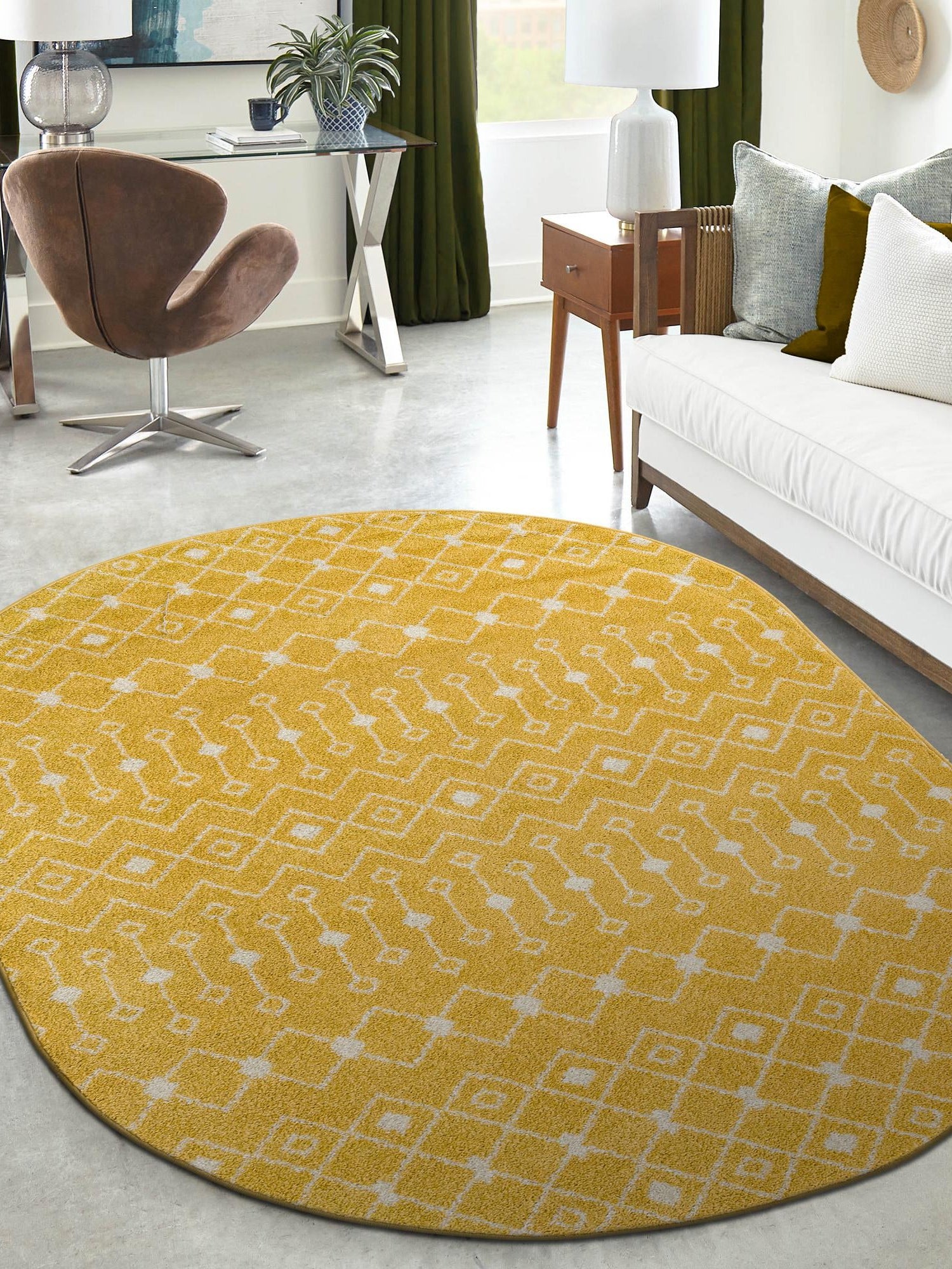 Yellow 5' 3 x 8' Tribal Trellis Oval Area Rug Geometric Southwestern Inspired Durable Carpet for Home Interior Design for Sale at Rug Engine
