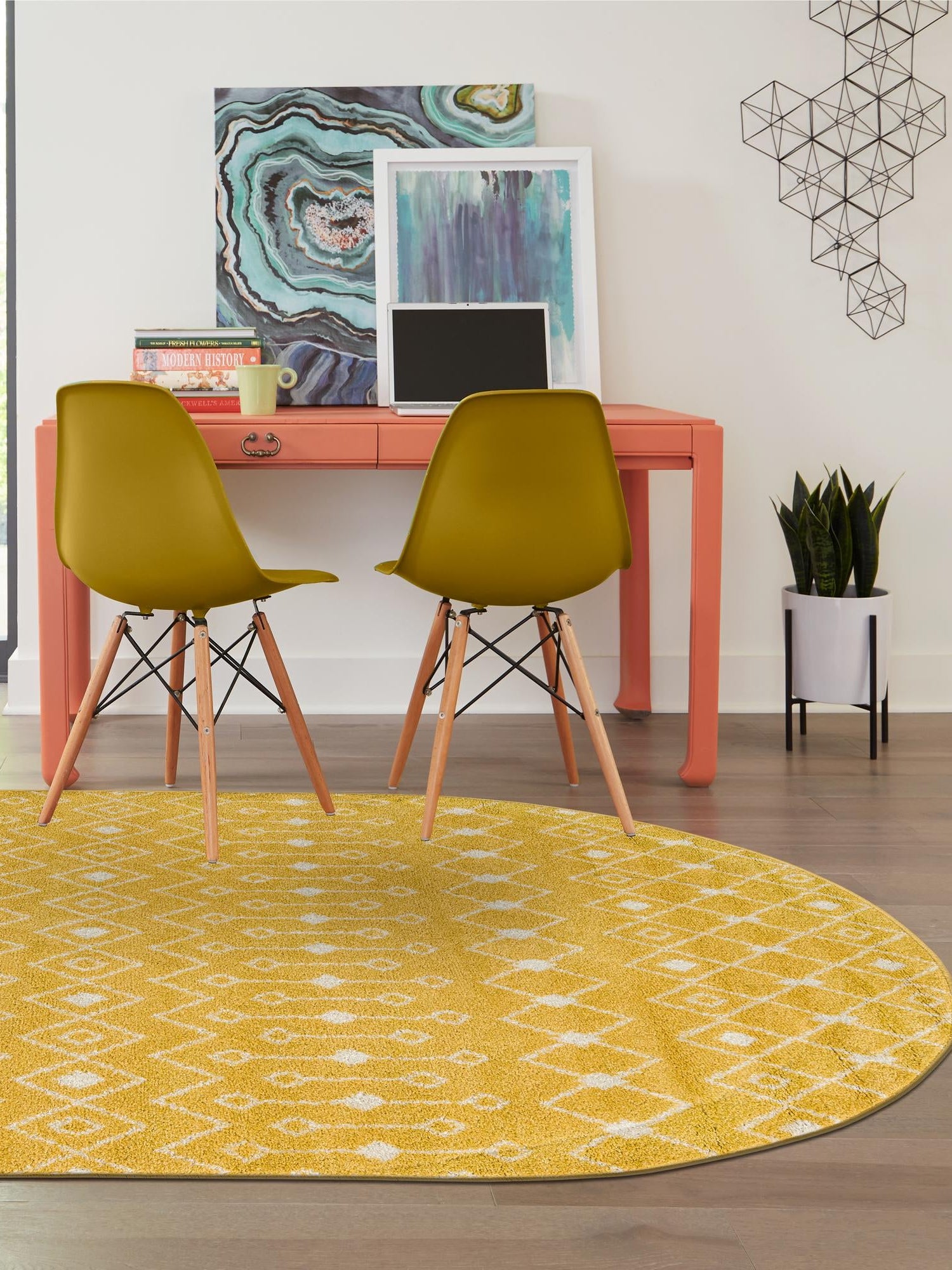 Yellow 7' 10 x 10' Tribal Trellis Oval Area Rug Geometric Southwestern Inspired Durable Carpet for Home Interior Design for Sale at Rug Engine