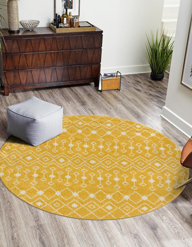 Yellow 5' 3 x 5' 3 Tribal Trellis Round Area Rug Geometric Southwestern Inspired Durable Carpet for Home Interior Design for Sale at Rug Engine