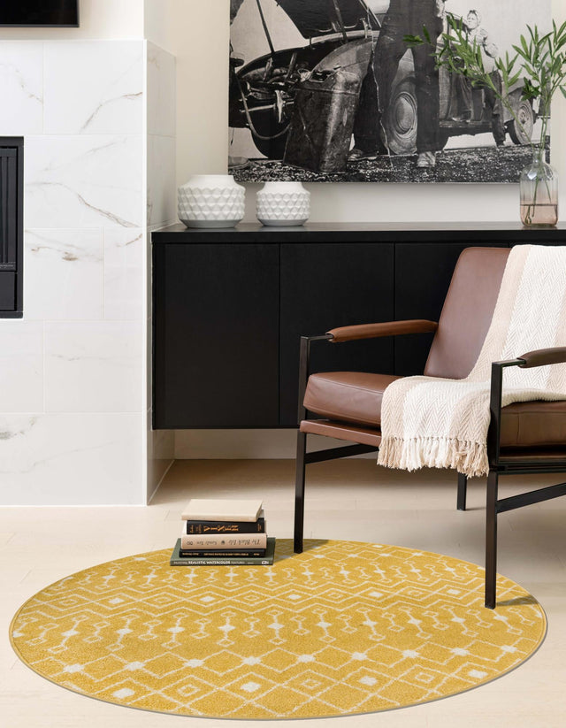 Yellow 3' 3 x 3' 3 Tribal Trellis Round Area Rug Geometric Southwestern Inspired Durable Carpet for Home Interior Design for Sale at Rug Engine