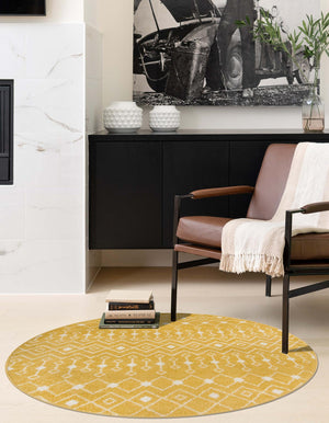 Yellow 5' 3 x 5' 3 Tribal Trellis Round Area Rug Geometric Southwestern Inspired Durable Carpet for Home Interior Design for Sale at Rug Engine