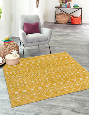 Yellow 6' x 6' Tribal Trellis Square Area Rug Geometric Southwestern Inspired Durable Carpet for Home Interior Design for Sale at Rug Engine