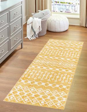 Yellow 2' 7 x 10' Tribal Trellis Runner Area Rug Geometric Southwestern Inspired Durable Carpet for Home Interior Design for Sale at Rug Engine