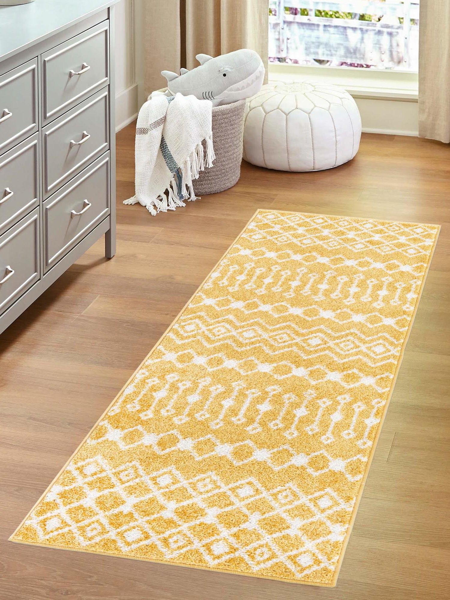 Yellow 2' x 5' Tribal Trellis Runner Area Rug Geometric Southwestern Inspired Durable Carpet for Home Interior Design for Sale at Rug Engine