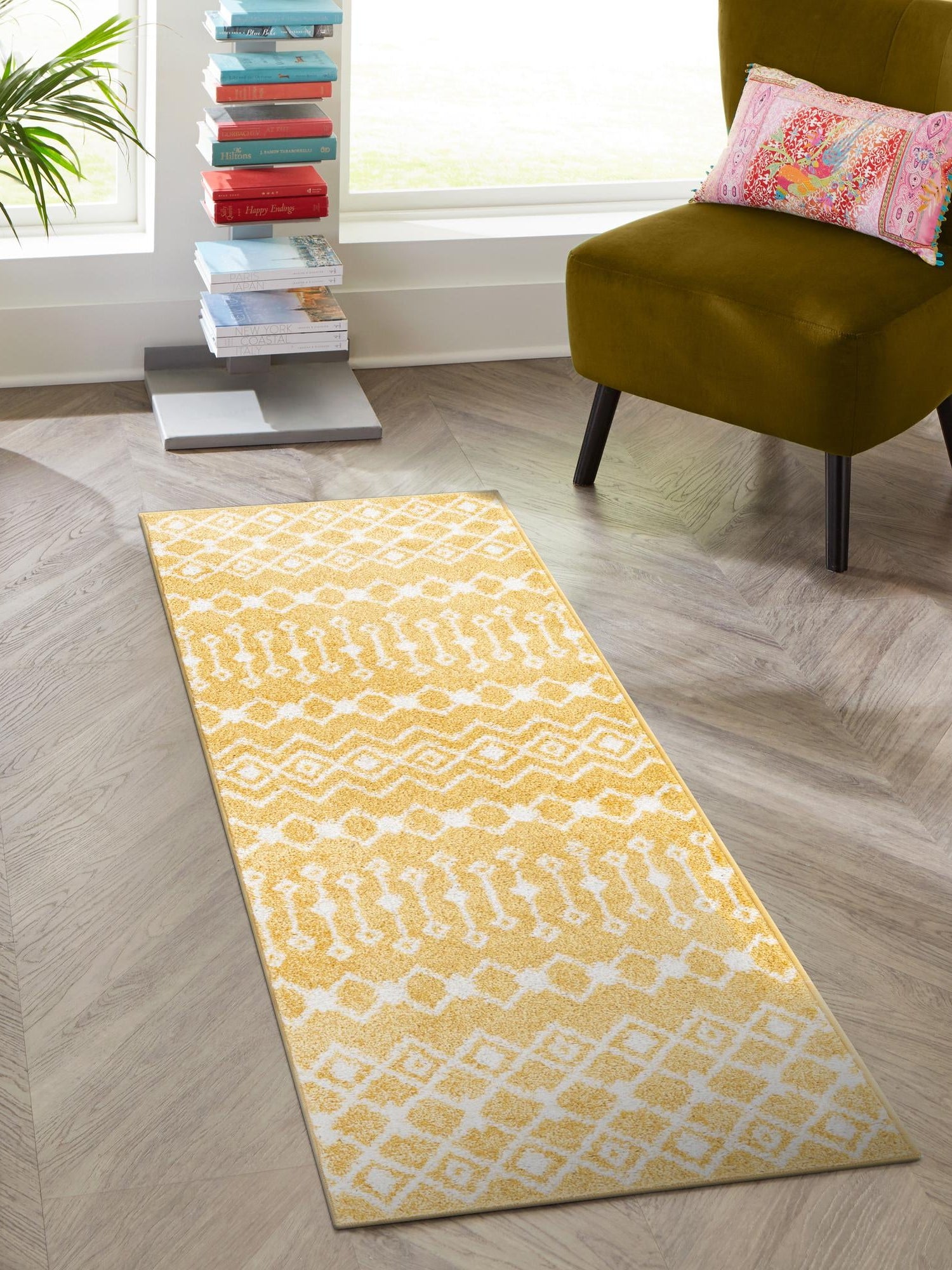 Yellow 3' 3 x 16' 5 Tribal Trellis Runner Area Rug Geometric Southwestern Inspired Durable Carpet for Home Interior Design for Sale at Rug Engine