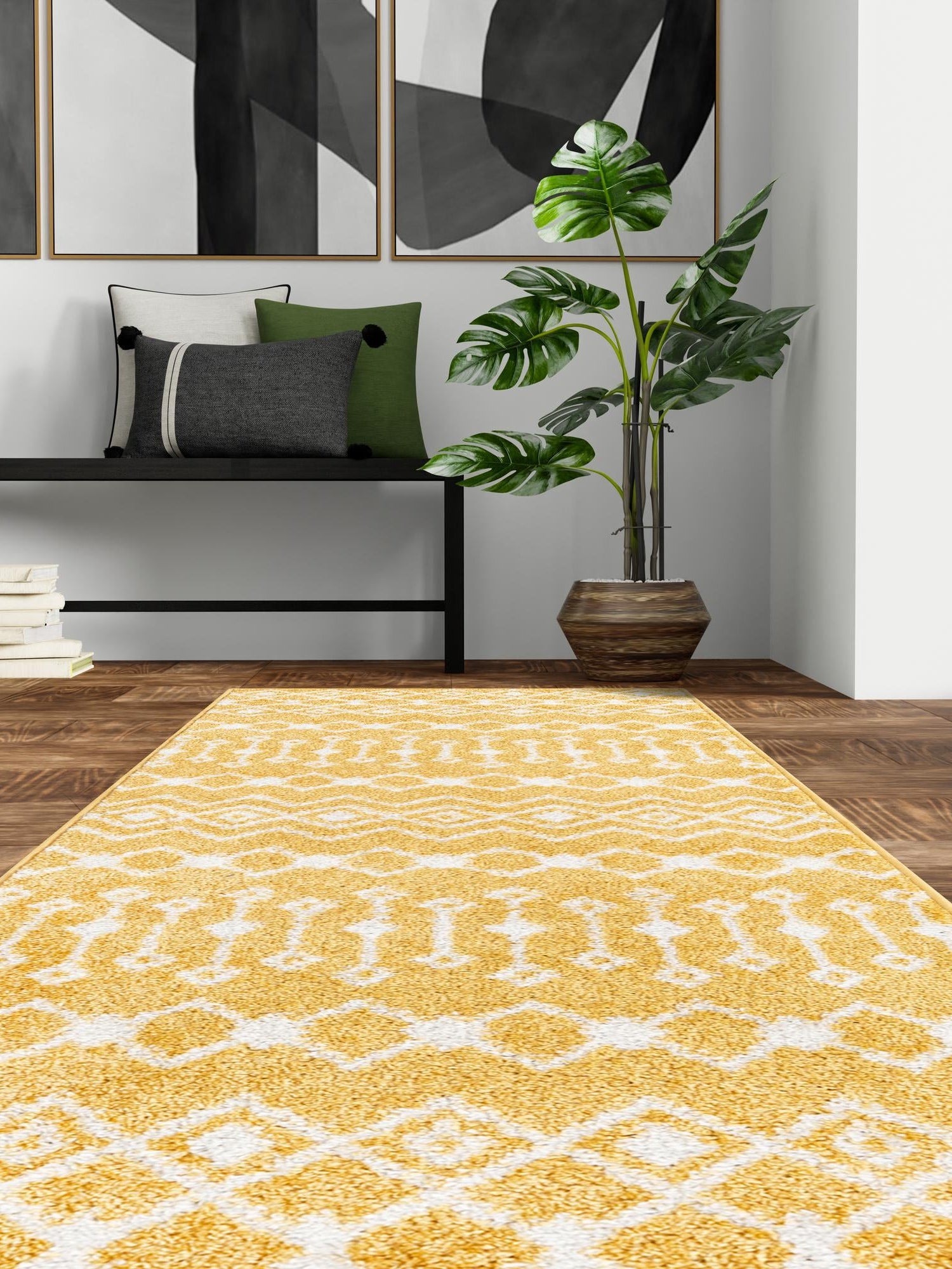 Yellow 2' x 5' Tribal Trellis Runner Area Rug Geometric Southwestern Inspired Durable Carpet for Home Interior Design for Sale at Rug Engine