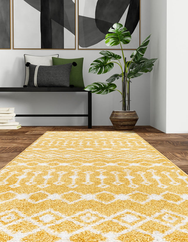 Yellow 2' x 6' Tribal Trellis Runner Area Rug Geometric Southwestern Inspired Durable Carpet for Home Interior Design for Sale at Rug Engine