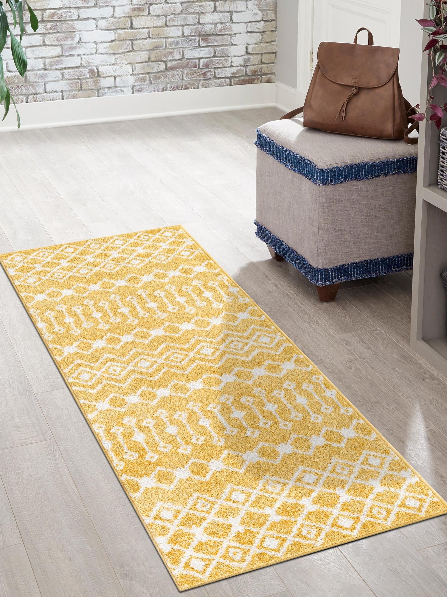 Yellow 2' 7 x 12' Tribal Trellis Runner Area Rug Geometric Southwestern Inspired Durable Carpet for Home Interior Design for Sale at Rug Engine