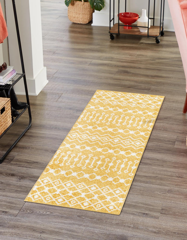 Yellow 2' x 8' Tribal Trellis Runner Area Rug Geometric Southwestern Inspired Durable Carpet for Home Interior Design for Sale at Rug Engine